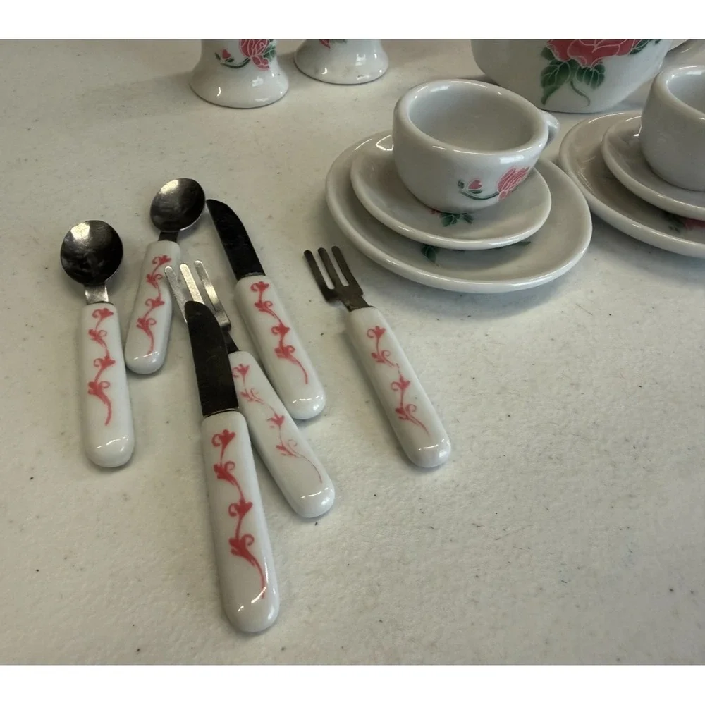 Vintage Frenzy Toys Mini Tea Set Pink Rose Porcelain Cottagecore‎ Utensils